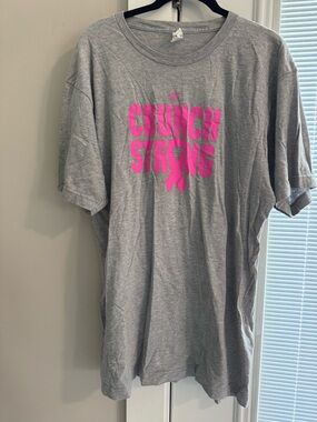 Crunch Gym Hanes Gray T-Shirt with Pink Logo Breast Cancer Awareness